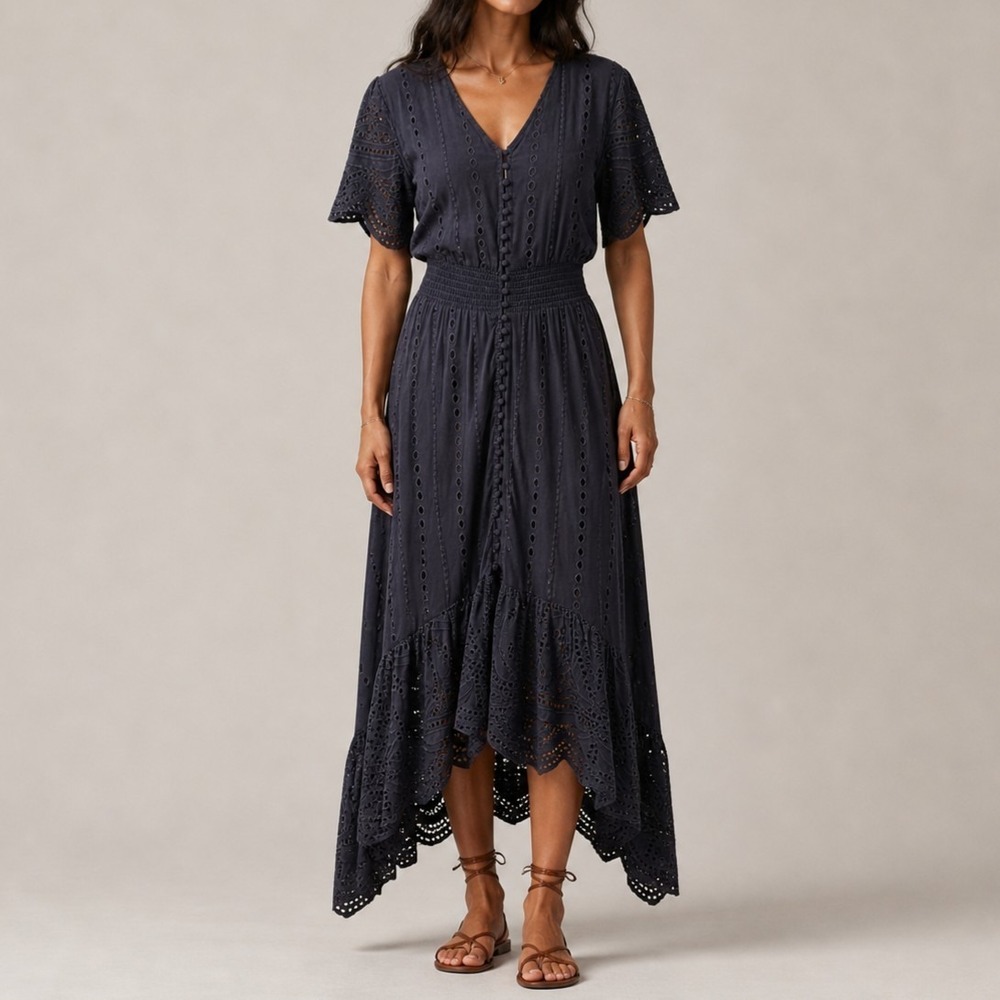 Young Fabulous Broke Costa Maxi Dress Size S Black Boho Eyelet Button Front YFB